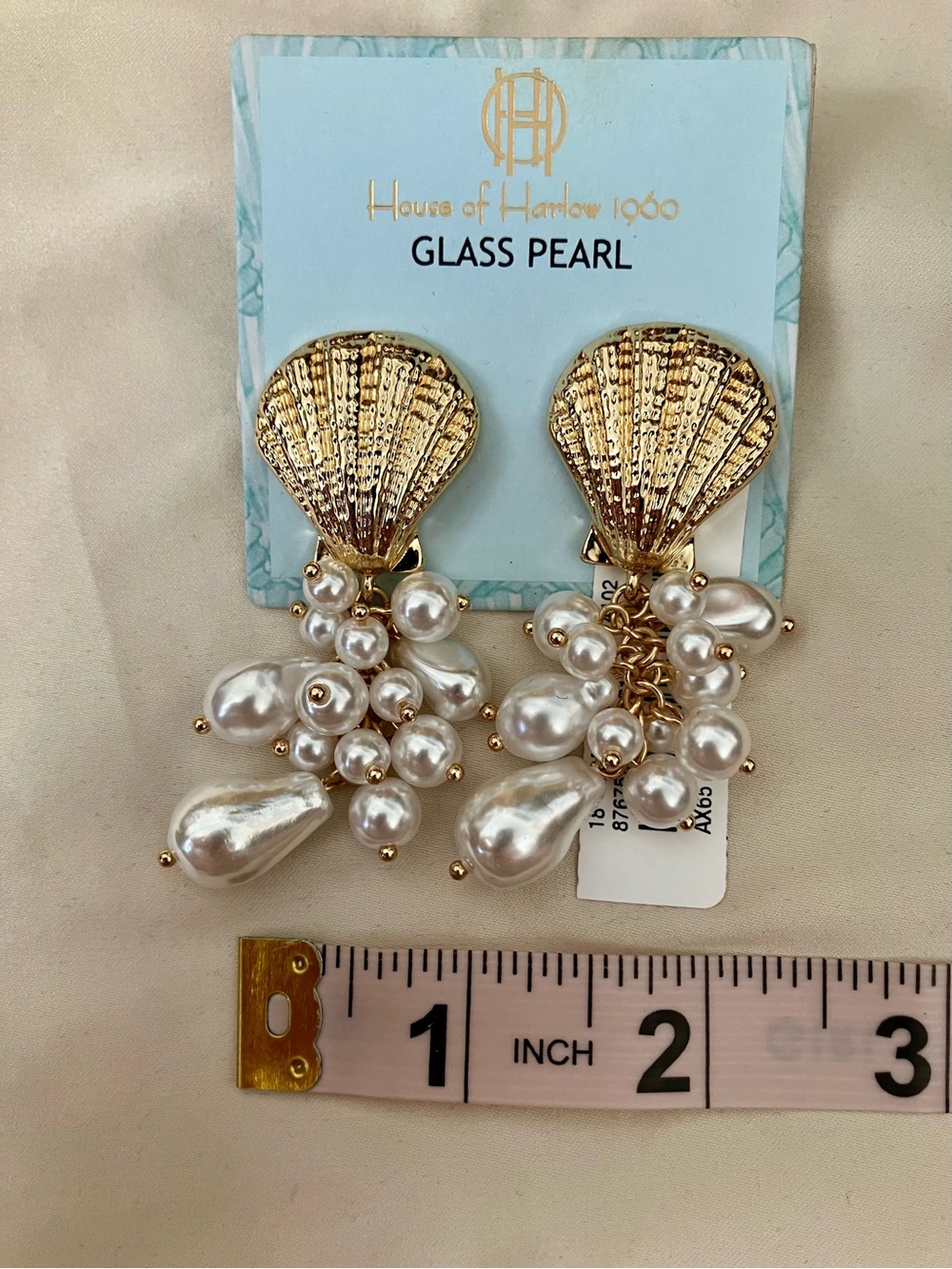 House of Harlow 1960 Gold Shell and White Pearl Cluster Drop Earrings - Picture 2 of 5